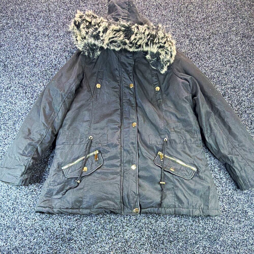 Snobish Collection Women's Black Hooded Parka Faux Fur Trim 1X Zip Button